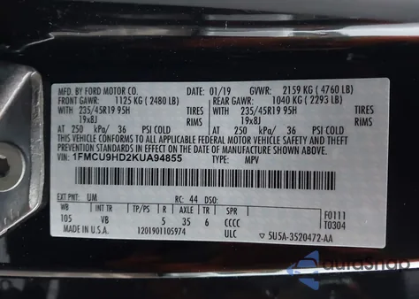 2019 Ford Escape Sel из США, поврежденный, VIN 1FMCU9HD2KUA94855